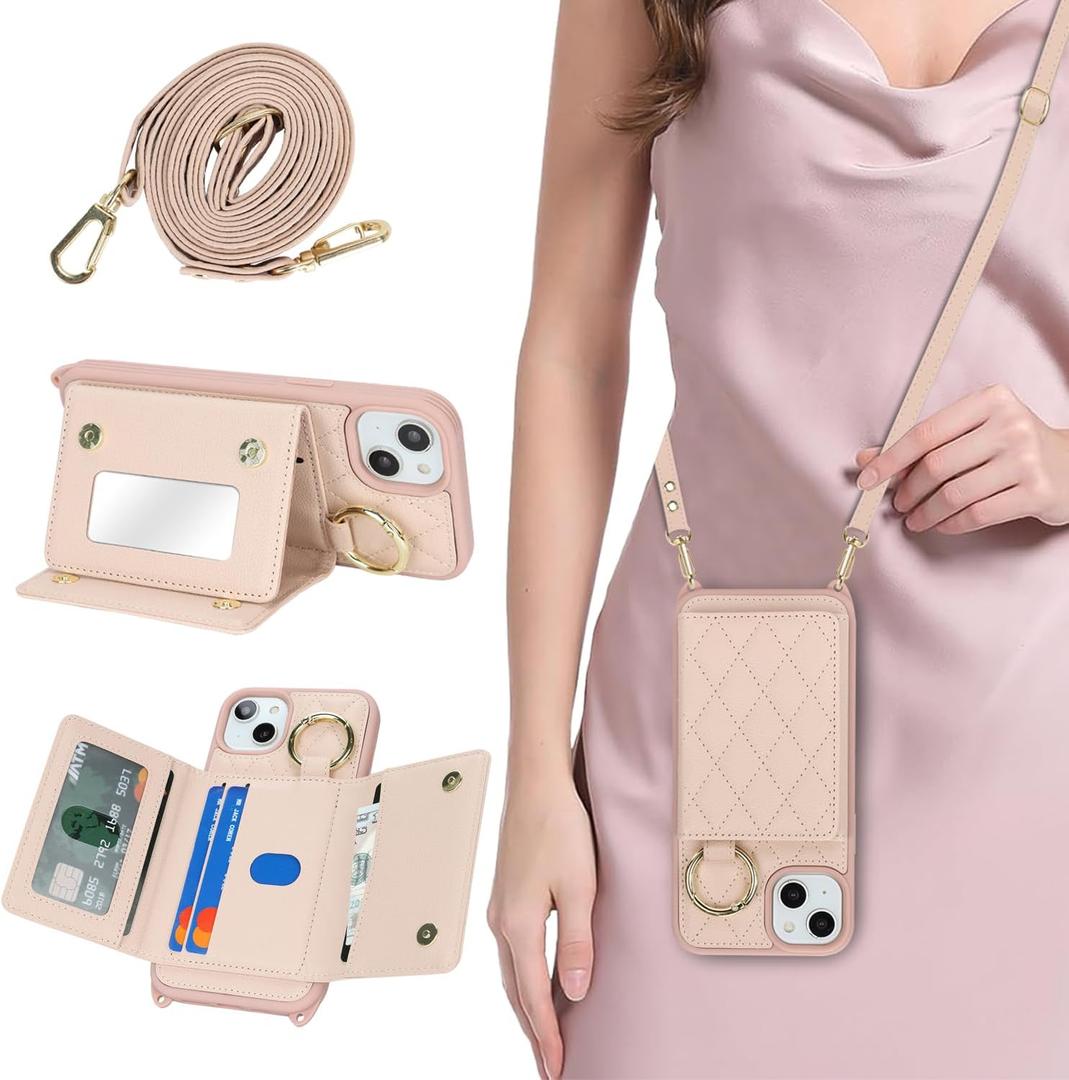 for iPhone 15 Plus Case with Card Holder and Strap for Women,Crossbody Lanyard, Make Up Mirror,Ring Stand,Snap Clasp,Cute Phone Wallet Cases 6.7 inch - Rose Gold