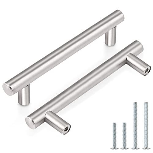 Probrico 10 Pack Euro Style T Bar Cabinet Pulls Stainless Steel Kitchen Handles Dresser Handles Brushed Nickel 3-3/4 Hole Center,6 Inch Overall Length