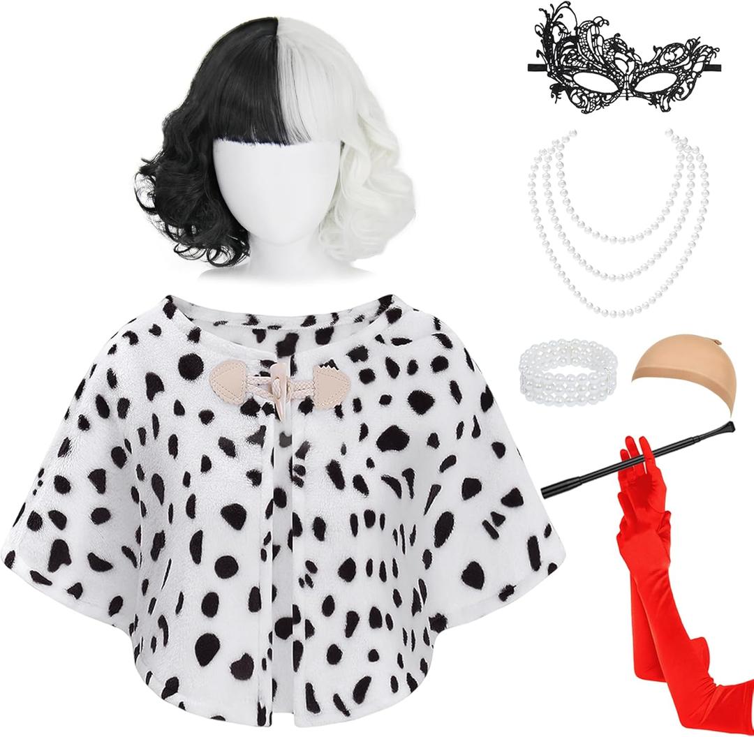 8pcs Halloween Costumes Women for Cruella Deville Costume Cosplay - Black and White Wig Dalmation Shawl 1920s Holder Red Gloves Necklace Bracelet Eye Mask Wig Cap CA038