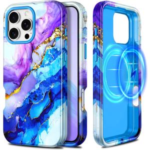 Casetego for iPhone 16 Pro Max Case,Compatible with MagSafe,[Military Grade Drop Test] Full Body Protection Slim Shockproof Rugged Marble Women Girls Case for iPhone 16 Pro Max 6.9 inch,Azure Blue