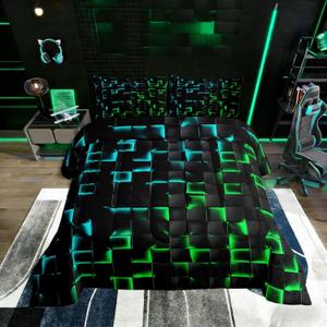 Erosebridal Geometric Checkered Boys Bedding Set Twin Size Neon Teal Green Comforter Set for Kids Teen Men Gamer Room Decor,Abstract Ombre Plaid Comforter Grids Quilt Duvet Black