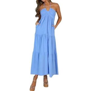Amysister Women's Casual Halter Tiered Vacation Maxi Dress with Pockets, XS