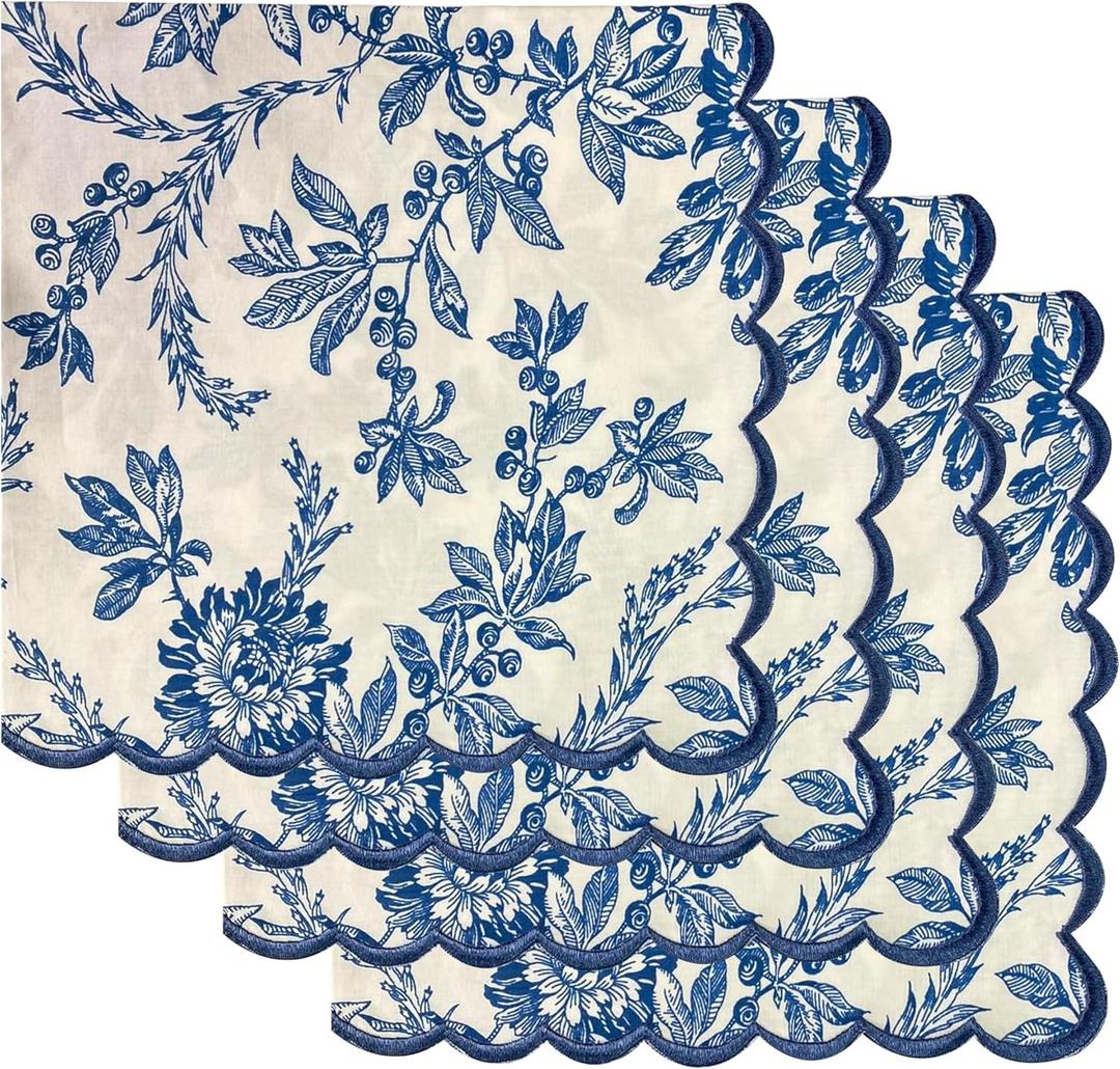 Ridhi Hand Block Print Incremental Blue 18" x 18" (Set of 4) Embriodery Table Napkins Reusable Cotton Dinner Napkins for Weddings, Parties, Everyday Dining Gift for Spring, Easter, Valentine