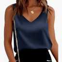 Mawor Satin Tank Tops for Women Loose Fit Sleeveless V Neck Cami Camisole Blouses Shirt Top, Navy Blue Small