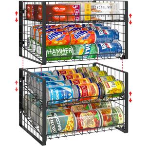 JKsmart 2-Tier Stackable Can Rack Organizer for Pantry, Adjustable Can Dispenser Holds Up to 60 Cans, Can Storage Holder for Various Ounces of Canned Food Soda Drinks, Black, 2 Pack (11.1"D x 16.3"W x 20"H0