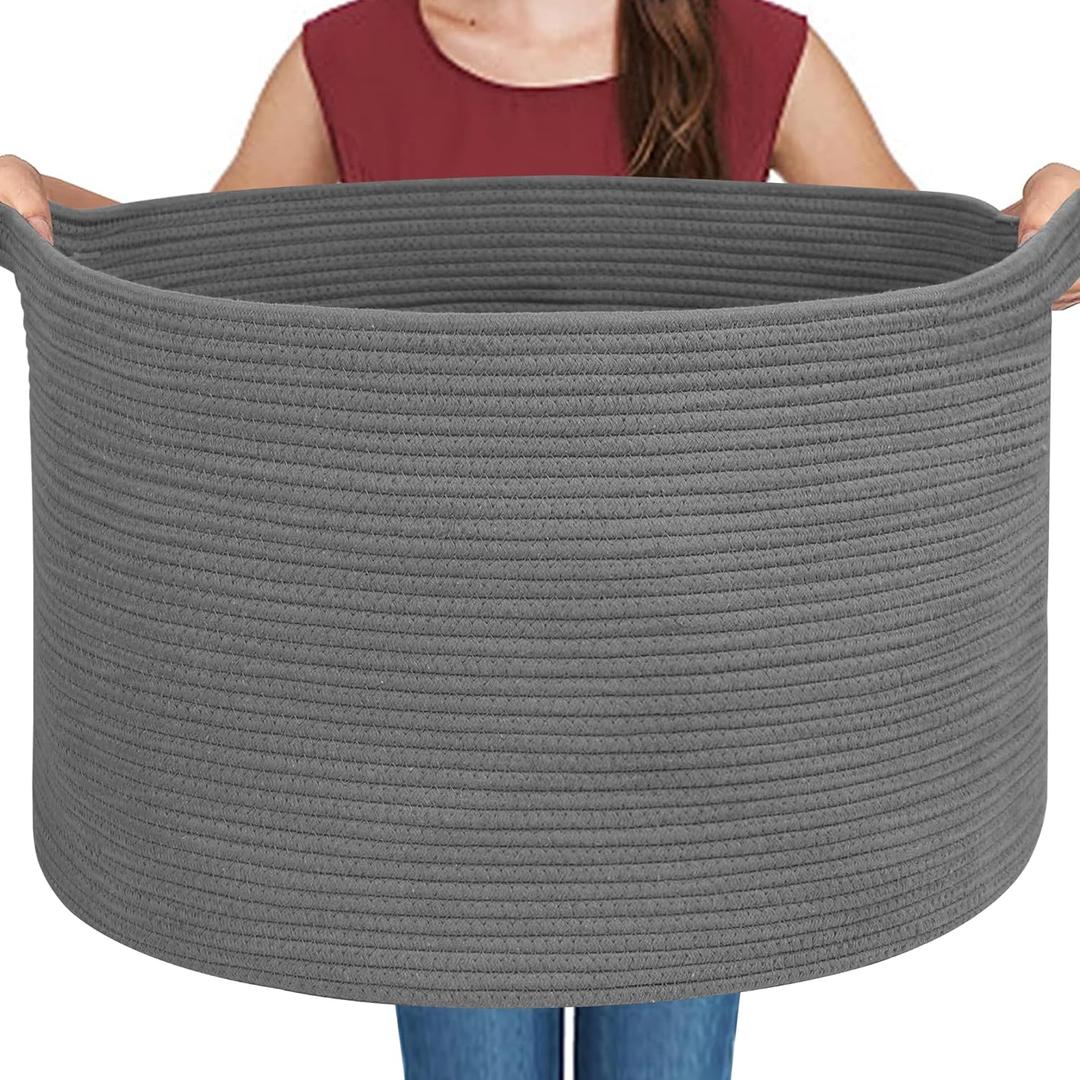 Large Dark Grey Storage Basket, Woven Cotton Rope Baskets for Storage, Big Blanket Organizer Storage Basket for Living Room, Kids Room Toy Storage Organizer Box, Blanket Keeper (22"x14")
