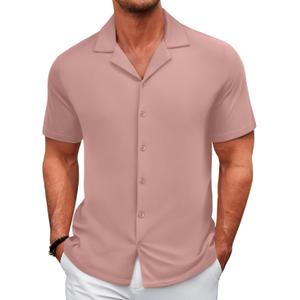 COOFANDY Men's Casual Shirts Short Sleeve Button Down Shirts Wrinkle Free Summer Shirt (Large, Pink)