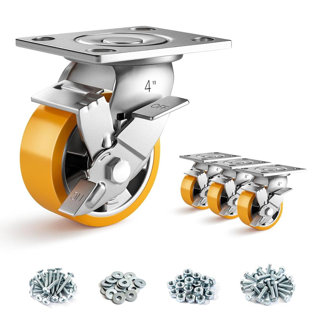 4 Inch Heavy Duty Casters Set of 4, Industrial Locking Casters 4000lbs Load Capacity, Plate Swivel Castor Wheels for Heavy Duty Carts, Workbench, Equipment, Platform Truck (Orange)