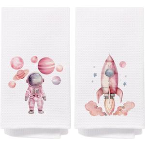 SPBL&L Space Kids Hand Towels Set of 2, Pink Astronaut Rocket Decorative Hand Towels, 16x24 Inches