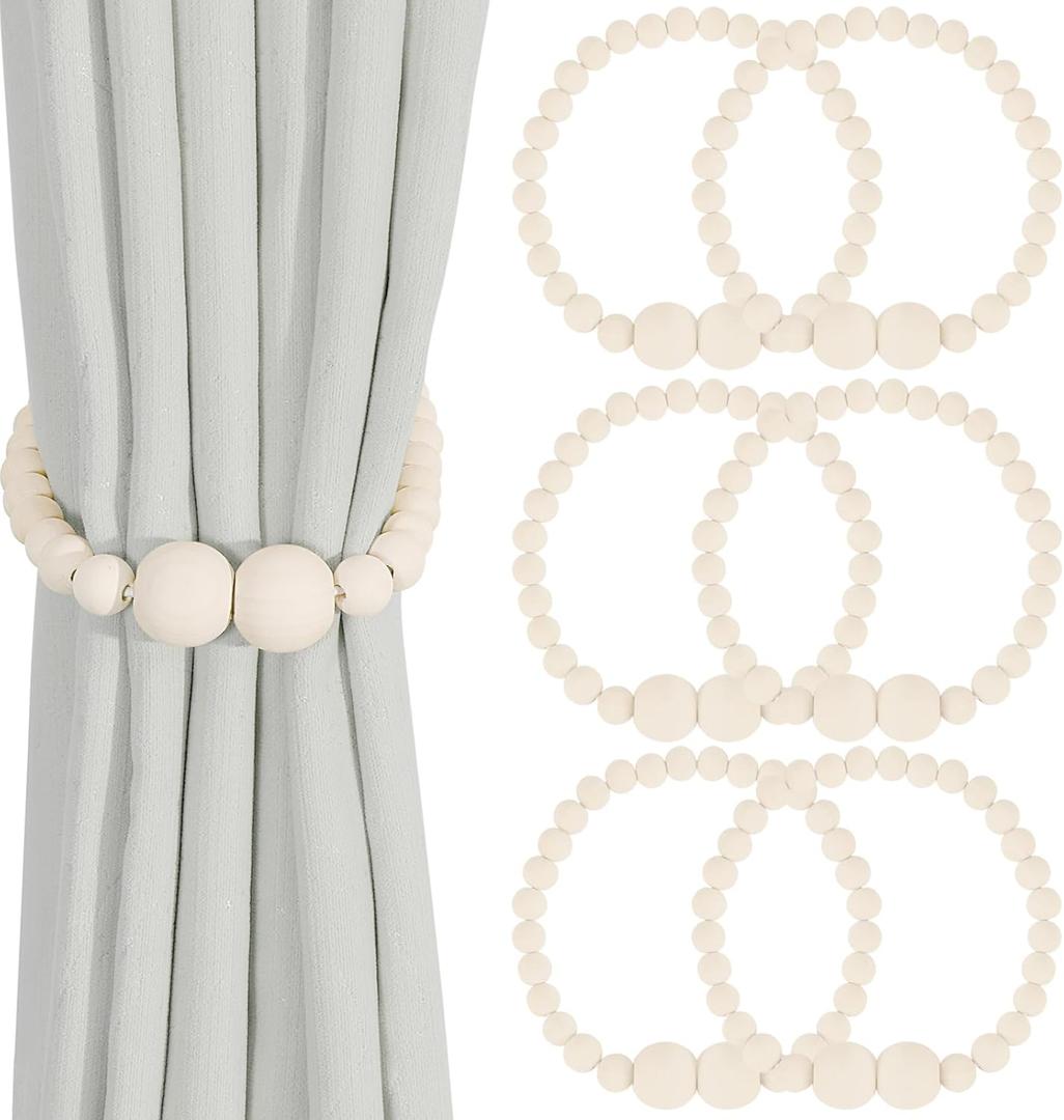 KLOGTSIND Magnetic Curtain Tiebacks, 6 Pack Curtain Holdbacks for Draperies, Wood Bead Curtain Tiebacks, Elegant Curtain Tie Backs for Bedroom Decor, Boho Room Decor, Nursery Decor, Farmhouse Decor