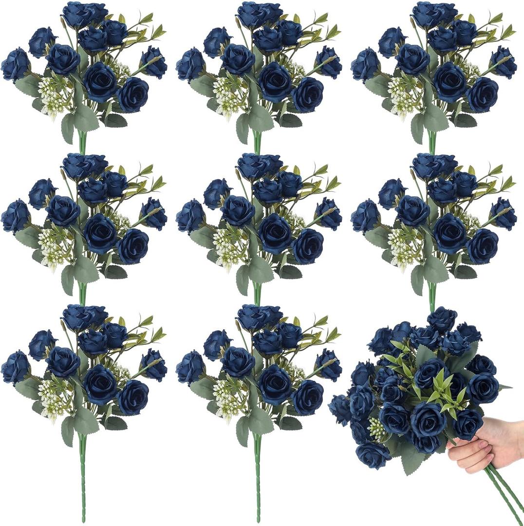 Zeyune 8 Pack 12 Inch Dark Blue Roses Artificial Flowers 80 Heads Artificial Rose Bouquet with Long Stem for Party Garden Centerpieces DIY Wedding Bouquets