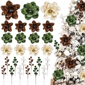 Suncalla 24 Pcs Velvet Christmas Ornaments 12 5.5'' Velvet Magnolia Flower for Christmas Tree 12 6.3'' Spheres Ball Pick Stem Artificial Magnolia Flower for Xmas Tree Decor(Beige, Brown, Green)