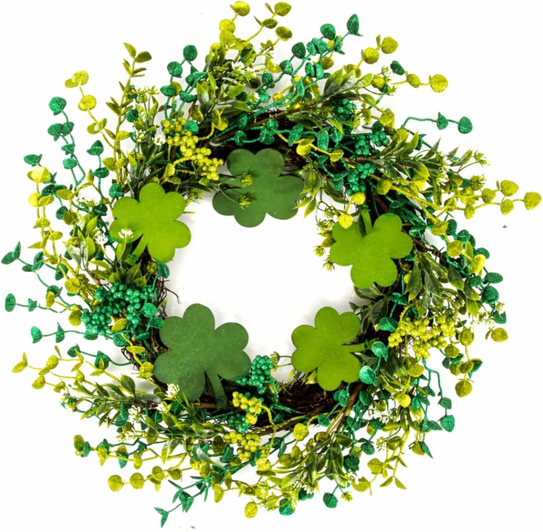 20" St Patricks Day Wreath Front Door, Shamrock Decorations Artificial Wreath Lucky Shamrock Spring Summer Party Decor Outdoor/Indoor Farmhouse Front Porch Wall Window