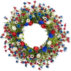 22 Inches Patriotic Wreaths for Front Door 4th of July Wreath Independence Day Wreath with Red White and Blue Tulip Flowers for Window Wall Front Porch Memorial Flag Day 250th Anniversary USA Decor
