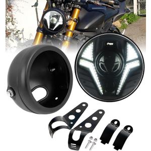 5-3/4 5.75" Motorcycle Headlight with Headlight Housing Bucket Mount Brackets Laser Light with White DRL Amber Turn Signal Compatible with Shadow 750 Rebel 500 Vulcan Cafe Racer Chopper