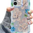 Jusy Compatible with iPhone 12, Colorful Retro Oil Painting Printed Flower Laser Glossy Pattern Cute Curly Wave Phone Case Soft TPU Cover for Girly Women - Blue Flower
