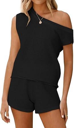 Tankaneo Women's Off The Shoulder 2 Piece Outfits Sweater Sets Shorts Casual Matching Lounge Sets 2025  2XL Black