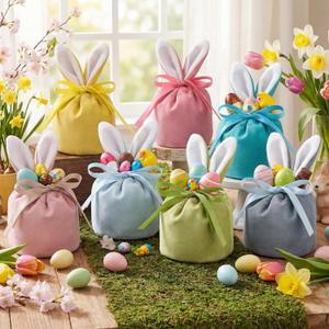 Funtery Easter Bunny Gift Bags Bunny Birthday Decoration Rabbit Ear Velvet Bags with Drawstrings 4.7 x 3.7 Inch Gift Pouches Party Favors for Baby Kid Basket Candy Treat Jewelry, 6 Color(12 Pcs)