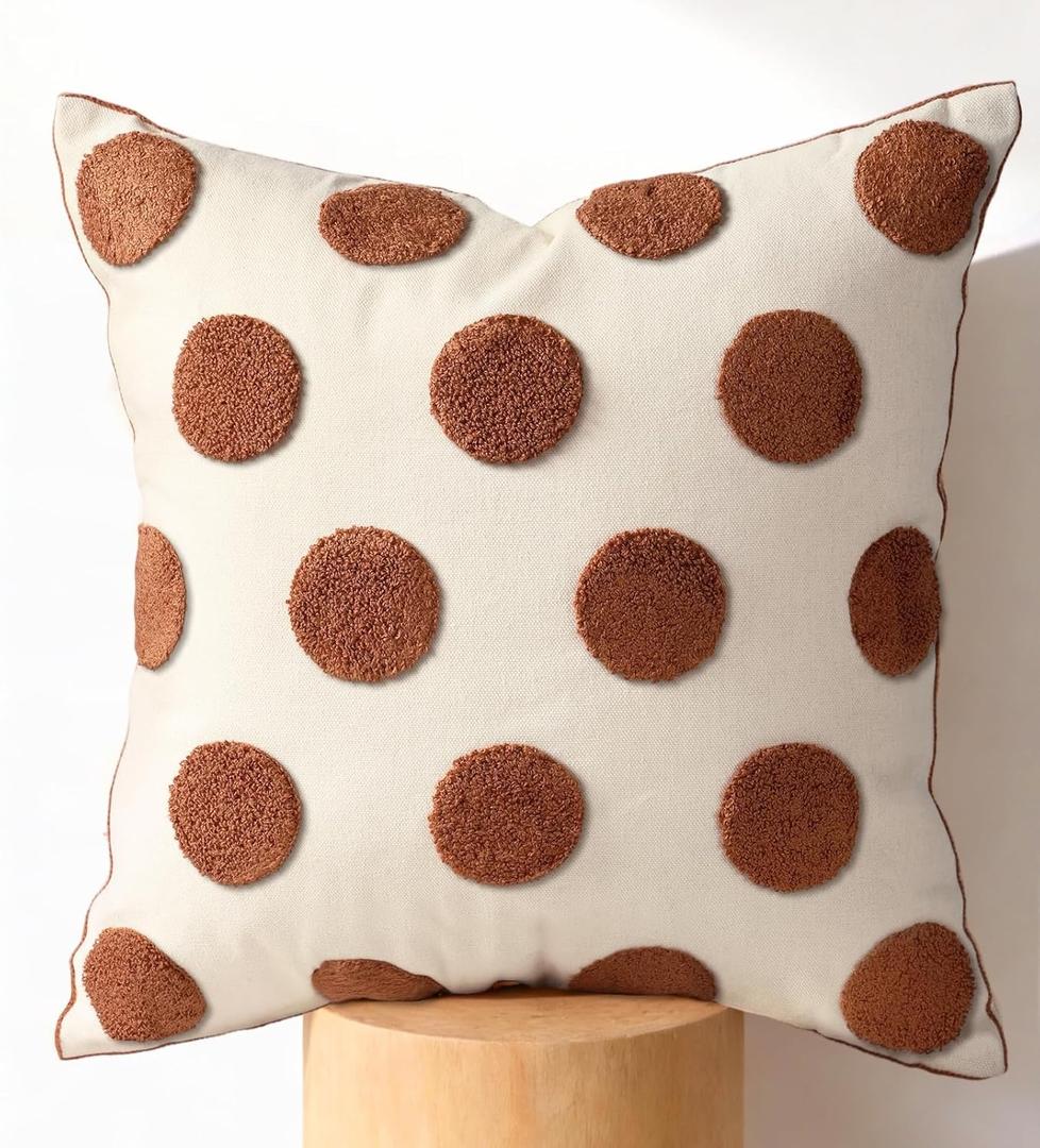 Embroidered Throw Pillow Cover 18x18 Inch - Modern Geometric Decorative Pillow Cover with Zipper for Sofa Couch Living Room Chair Bed Car Aesthetic Design Pillow Case, Brown Polka