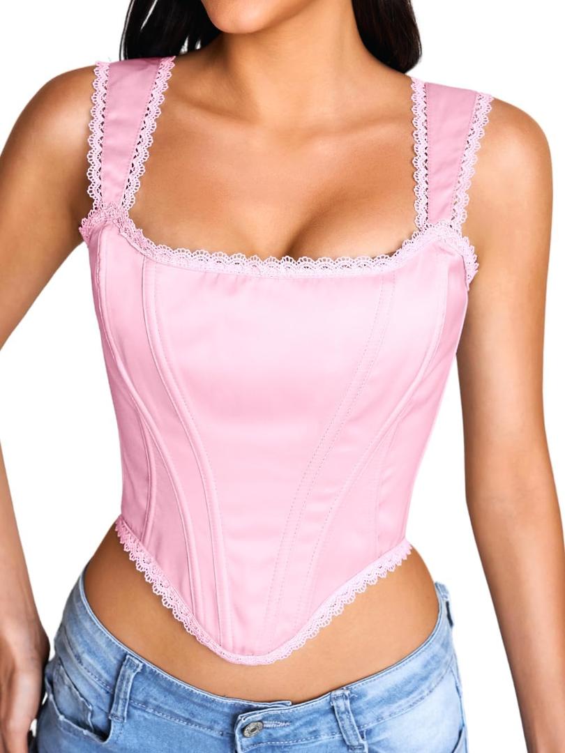Women's Lustrous Satin Corset, Vintage Square Neck Lace Trim Bustier Crop Tops, Renaissance Fairy Outfits (00-0, Pink)