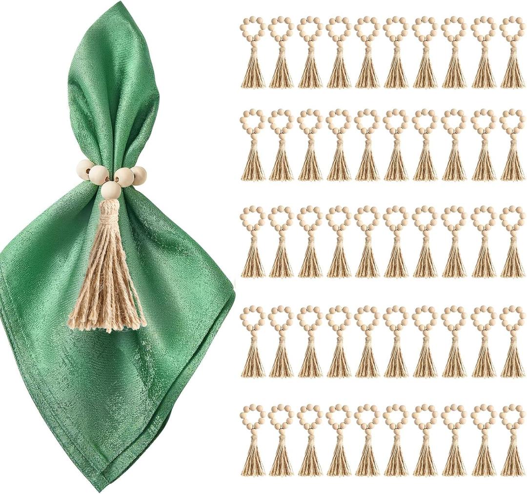 50 Pack Farmhouse Rustic Napkin Rings with Tassel Wood Bead Rings for Table Decor Boho Wedding Party Dining Spring Banquet