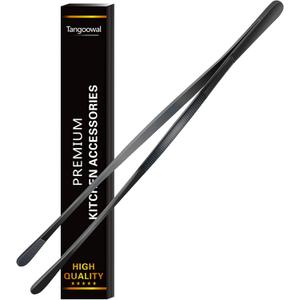 12-Inch Professional Kitchen & Cooking Tweezers Tongs - Stainless Steel Long Tweezer Tongs - Black Coated - BBQ,Plating,Multi-use