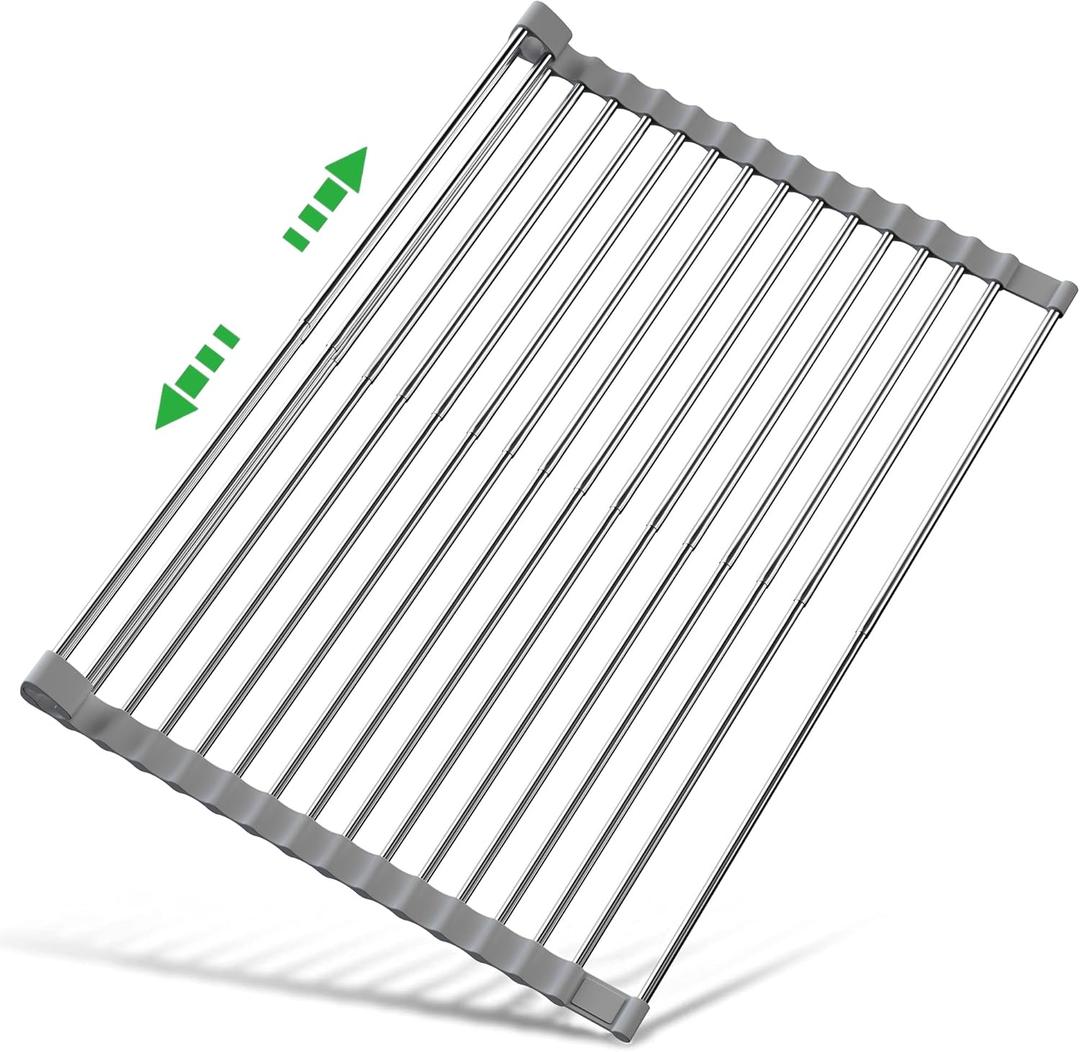 13"- 24" Roll Up Dish Drying Rack, Expandable Over The Sink Dish Drainer Drying Rack, Large Folding Collapsible Stainless Steel Foldable Over Sink Organizer for Kitchen (Small-13"x23.7")