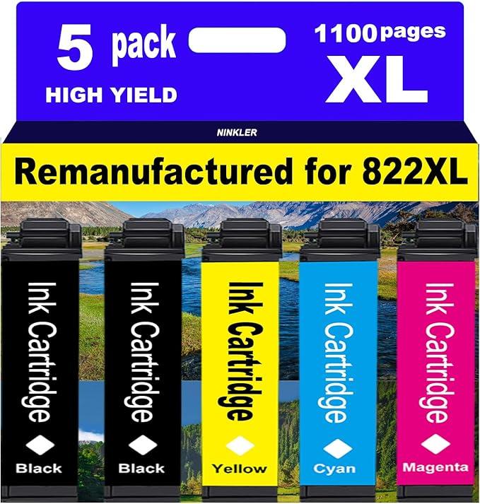 NINKLER for 822XL Remanufactured for Epson 822XL Ink Cartridges for 822 XL T822 Workforce Pro WF-3820 WF-3823 WF-4820 WF-4830 WF-4833 WF-4834 Printer 5 Pack 2 Black 1 Cyan 1 Magenta 1 Yellow