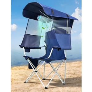 Canopy Beach Chair with Fan, Beach Chair with Canopy Shade, Cup Holder, Side Pocket for Outdoors Sports, Beach, Camping, Tailgates, Fishing - Support 330 LBS