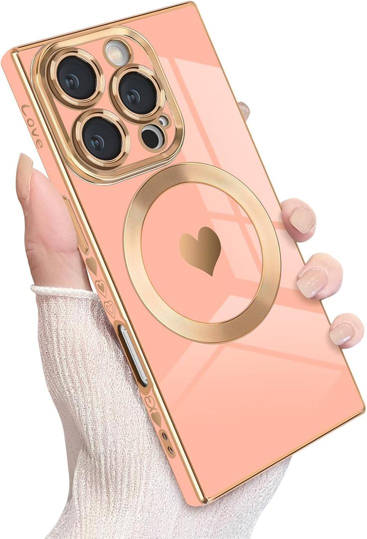 4 x for iPhone 16 Pro Magnetic Case, Luxury Cute Love Heart Plating Edge Case for Women Girls Men Soft TPU Anti-Scratch Bumper Shockproof Protective Slim Cover for iPhone 16 Pro-Pink