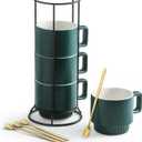 Stackable Coffee Mugs Set of 4 with Holder Spoons 11oz Ceramic Cappuccino Cups for Espresso Latte Tea Drinks, Dishwasher & Microwave Safe, Green