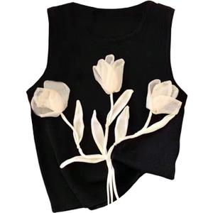 Women's 3D Floral Tank Top Crew Neck Tulip Applique Summer Casual Sleeveless Going Out Tops (Large, Black)