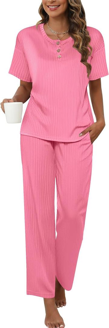 Ekouaer 2 Pack Womens Ribbed Knit Lounge Set Short Sleeve Loungewear Henly Neck Top and Pants Sleepwear Pajama with Pockets (M, Pink)