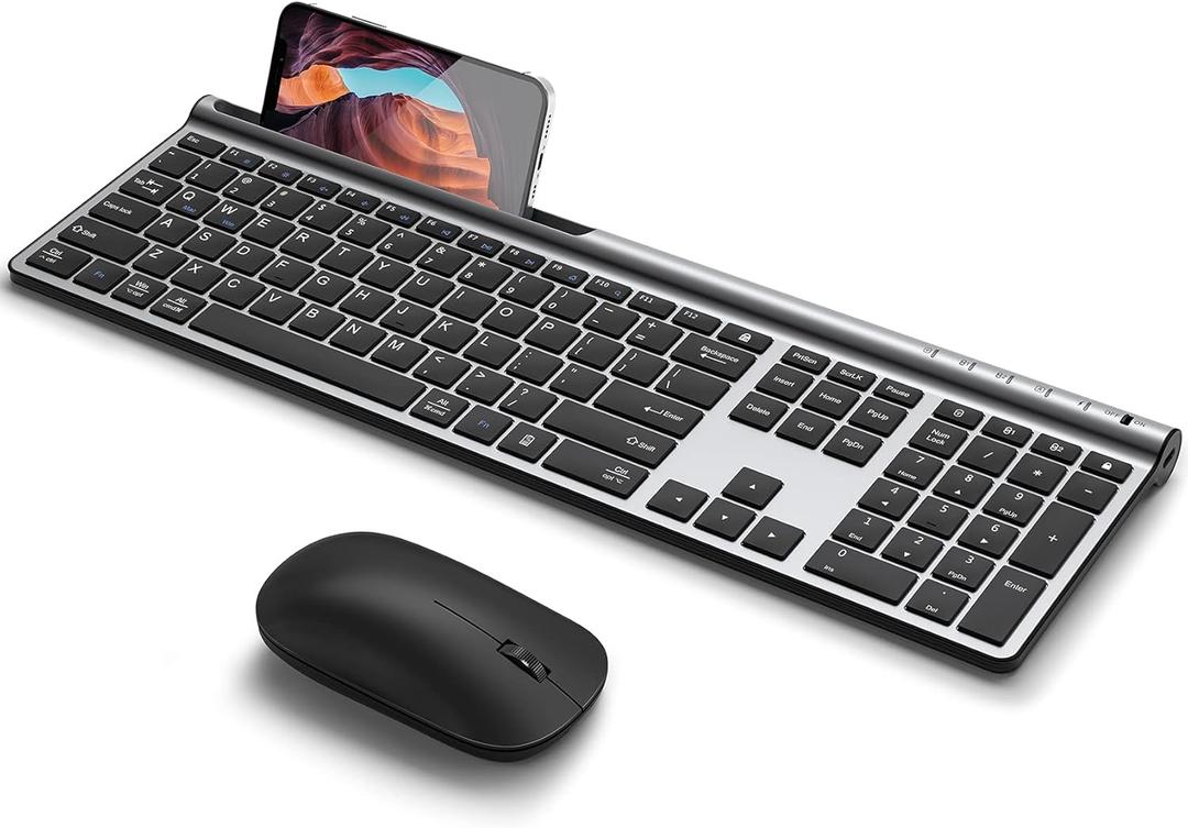 CHESONA Wireless Keyboard and Mouse Combo, Wireless Rechargeable Full Size Mulit-Device (BT 5.0+3.0+2.4G) Keyboard Mouse Combo for Mac OS/iOS/Windows/Android (Silver Black)