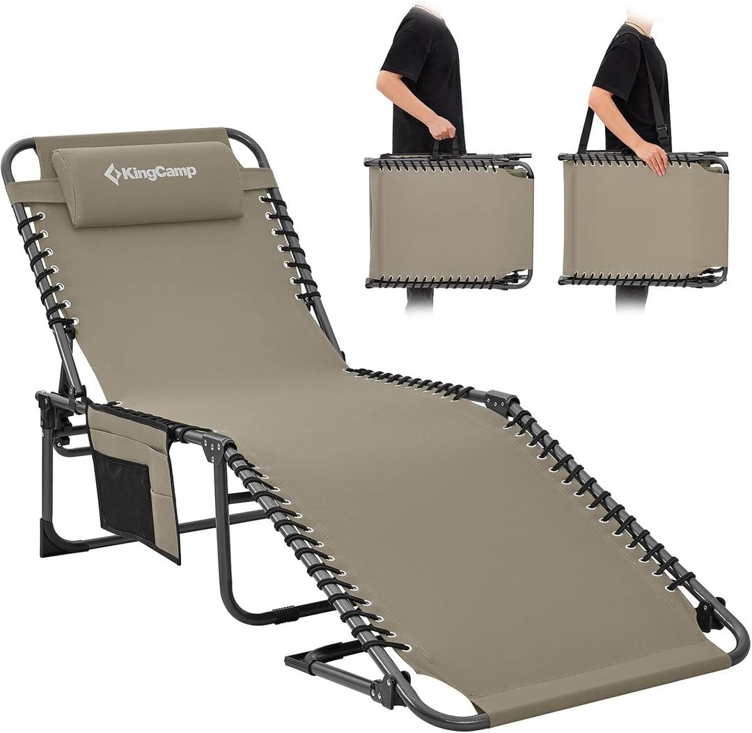 KingCamp Lounge Chair Outdoor, Folding Portable Tanning Chairs Comfy Adjustable 5-Position Lay Flat Foldable Chaise Chaser Lounger with Pillow for Outside Beach Patio Sun Bathing Pool, Beige