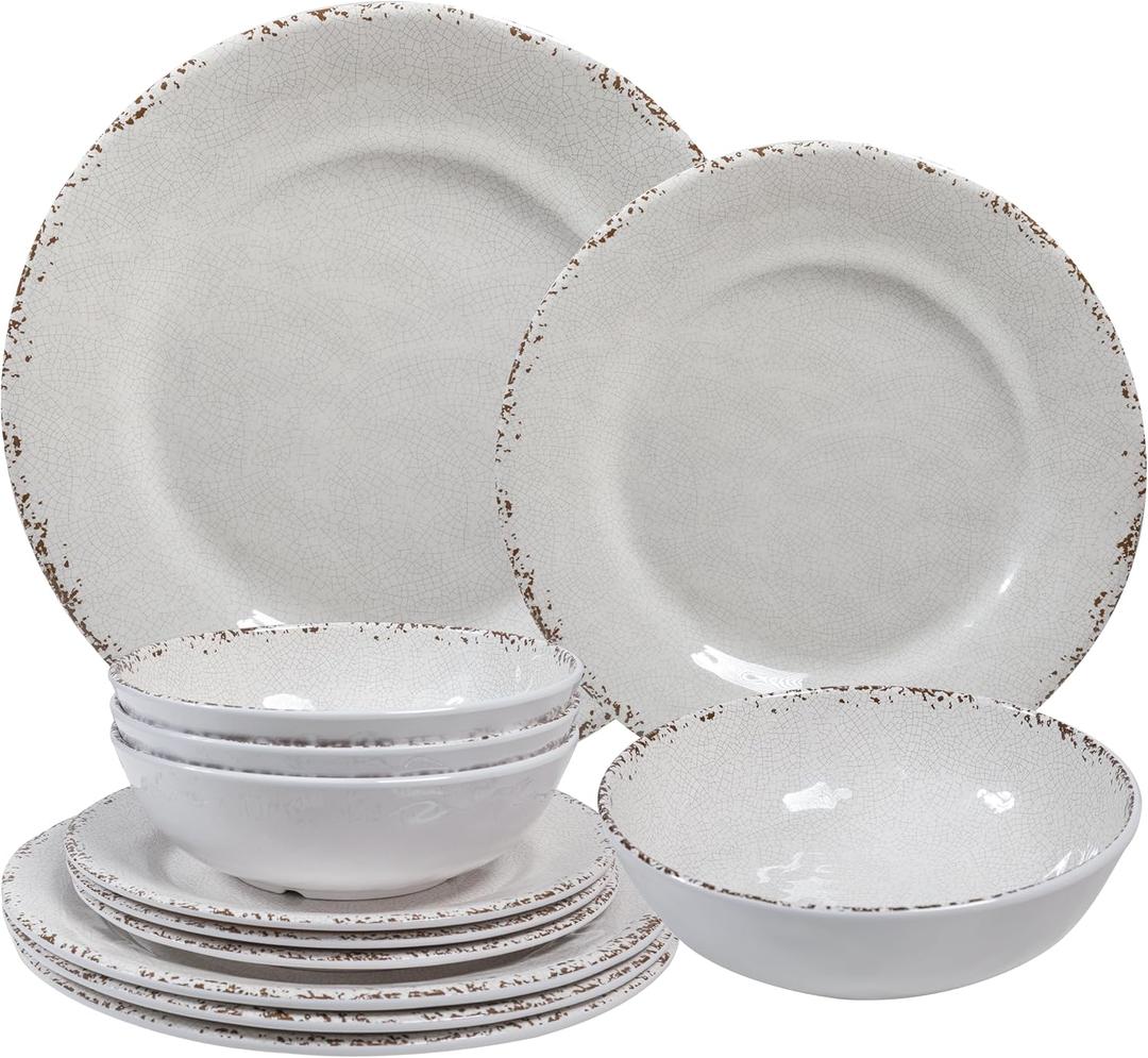 ZAROCRUS Farmhouse Melamine Dinnerware Sets,12 Pieces Dishes Dinnerware Set,Service for 4 Lightweight Kitchen Plates and Bowls Sets, Great for Casual dining and Outdoor Parties Camping or RVs, White