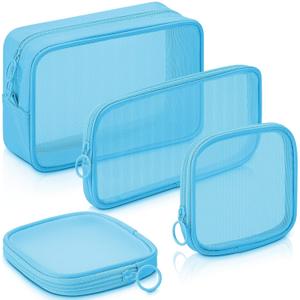 Weewooday 4 Pcs Mesh Makeup Bag Mesh Cosmetic Bag Travel Toiletry Pouch with Zipper Mini Makeup Cosmetic Purse for Daily Accessory(Variety Pack,Blue)