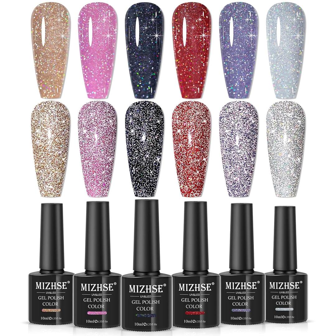MIZHSE Reflective Glitter Gel Nail Polish, Holographic Glitter Gel Polish Set Sparkly Shiny Bling Nail Polish Soak Off UV/LED Nail Art Manicure Kit