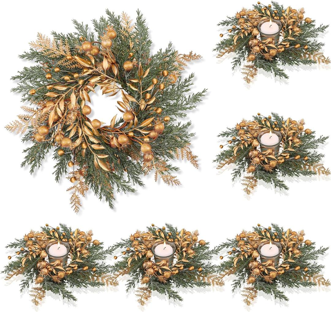 Cindeer 6 Pcs Small Christmas Candle Rings Wreaths 8.4 Inch Christmas Kitchen Cabinet Gold Wreaths Artificial Berry Garland Pillar Candle Rings for Centerpiece Table Decorations