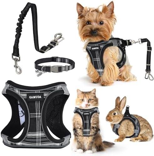 GAMUDA Dog Harness, Collar and Seat Belt Set, Vehicle Safety Harness, Retractable Adjustable Pet Seatbelts with Travel Strap and Carabiner for Most Cars (Black, S)
