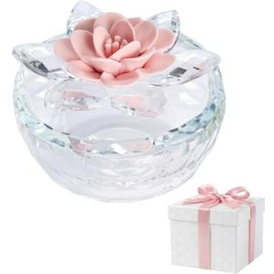 Crystal Jewelry Box for Women, Small Glass Trinket Jar with Lid, Clear Lotus Flower Storage Holder Elegant Organizer Dish for Ring, Earrings, Necklace, Gift (Pink Flower)