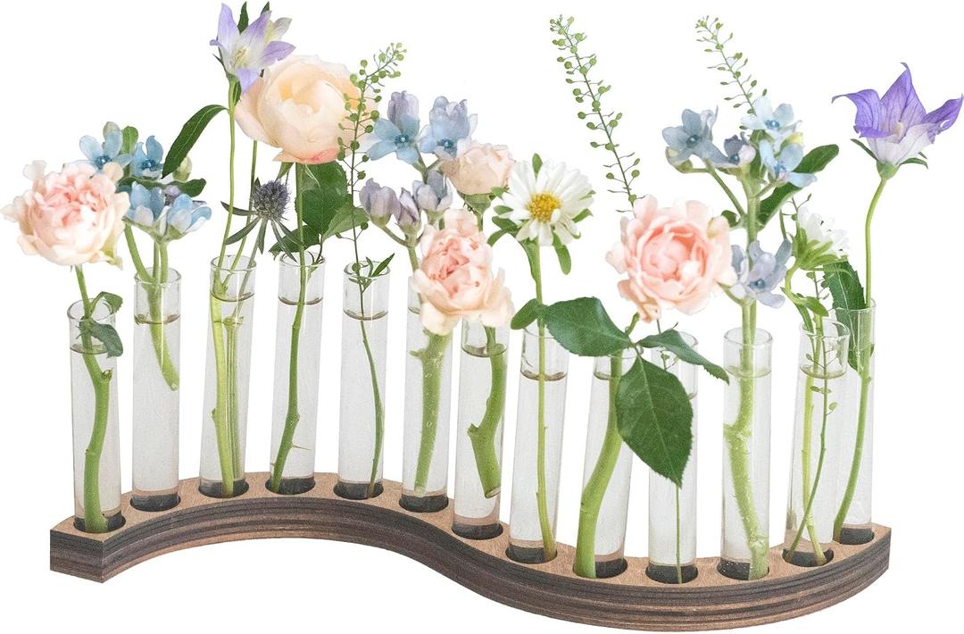 Test Tube Vases for FlowersSmall Plant Propagation StationS Shape Plant Terrarium with Wooden Stand(Amber)