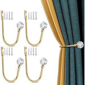 Crystal Curtain Tieback Hooks, Wall Mounted Drapery Holdbacks, Gold Curtain Holders - Heavy Duty Metal, 4 Pack