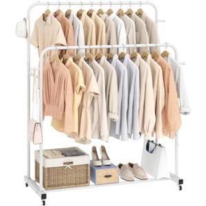 Laiensia Double Rods Garment Rack with Wheels, Clothing Rack for Hanging Clothes,4 Hooks, Multi-functional Bedroom Clothes Rack, White