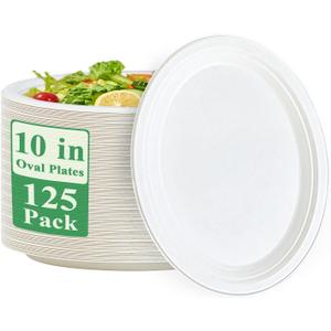 Vplus 100% Compostable Oval Paper Plates 10 inch 125 Pack Super Strong Disposable Paper Plates Bagasse Natural Biodegradable Eco-Friendly Sugarcane for BBQ, Party, Gathering, and Picnic