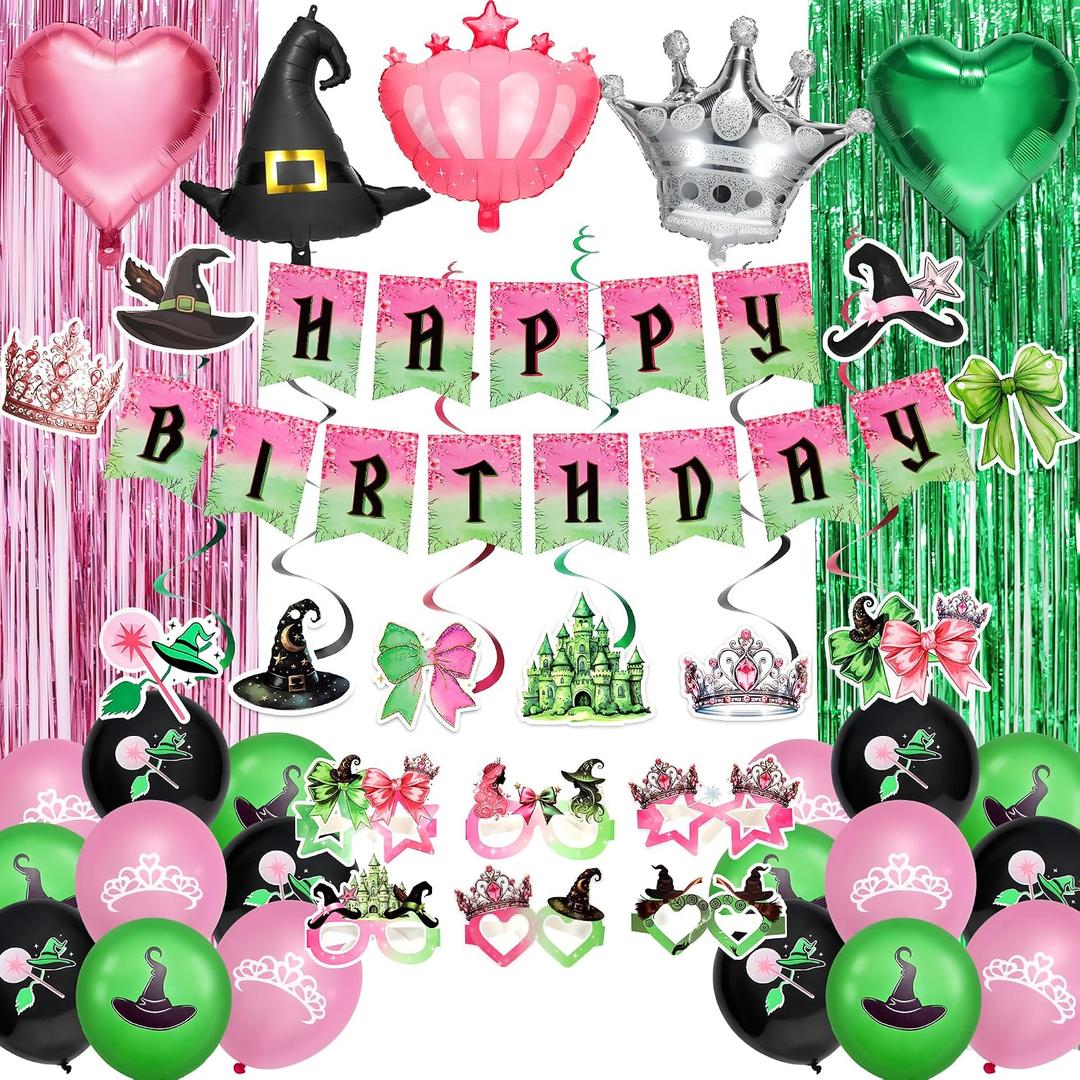 Witch Birthday Party Decorations,Pink and Green Witch Theme Girls Happy Birthday Decorations include Banner, Balloons,Witch Paper Glasses,Foil Curtains,Swirl Decors,and Witches Crown Balloons