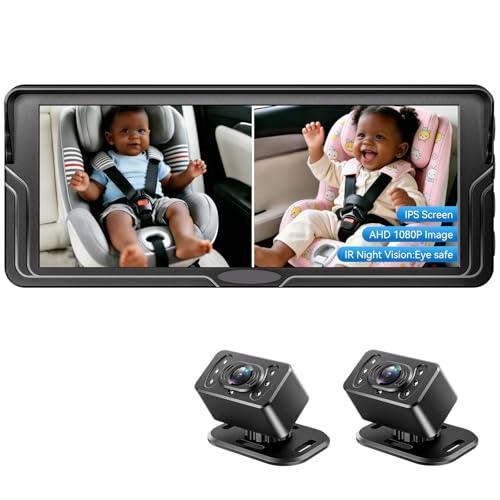 Dual Baby Car Camera for 2 Kids - 6.86 Inch IPS AHD 1080P Split Screen Monitor with 2 Backseat Cameras, Cigarette Lighter & USB Powered, IR Night Vision, 360 Rotatable, Double Rear-Facing Mirror
