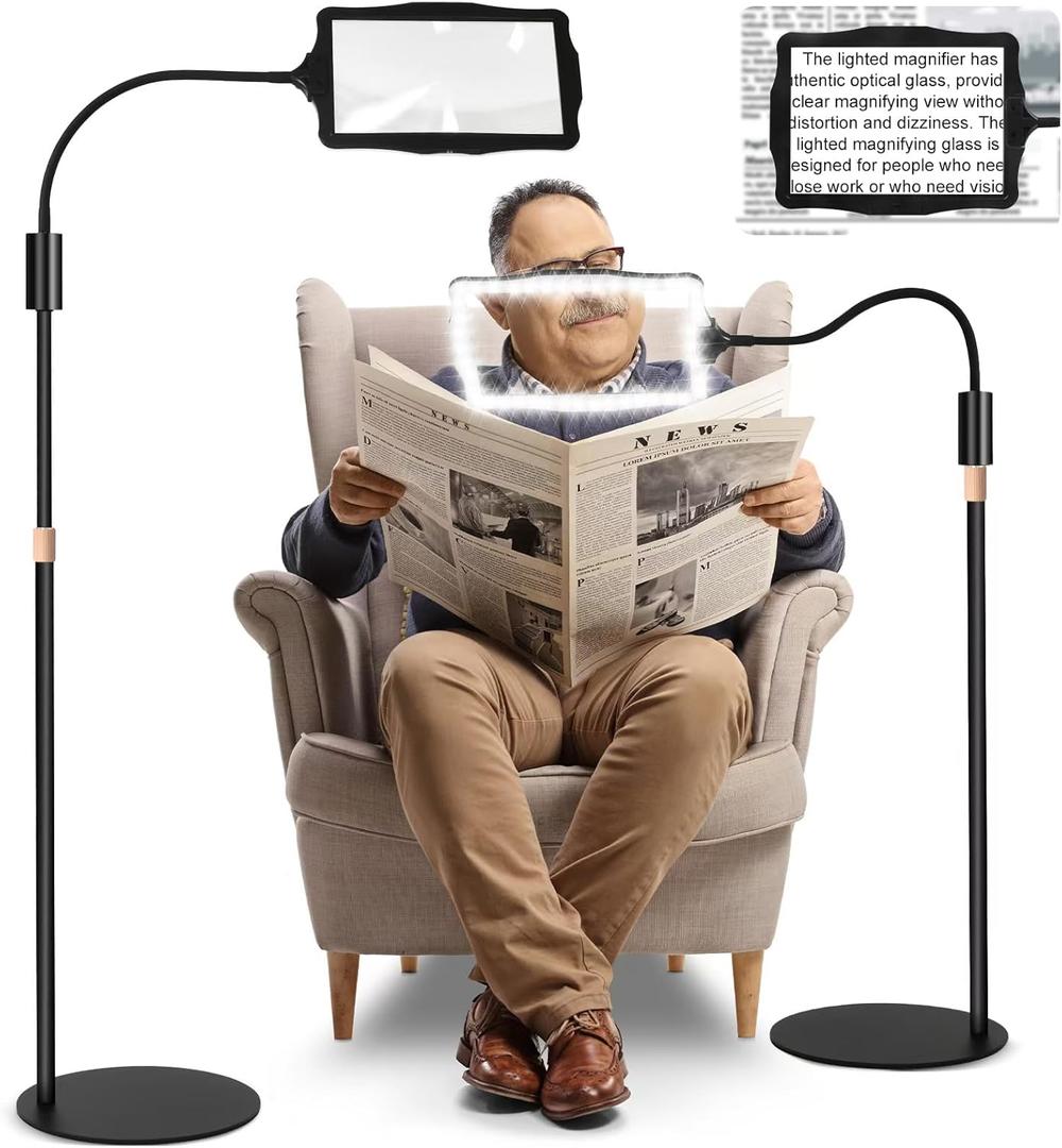 Hands Free Floor Magnifying Glass, with Light and Stand, 3 Light Modes Rechargeable Floor Magnifying,Suitable for Reading, Sewing, Crafts, DIY, Embroidery, Close Work. Magnifiers for Seniors