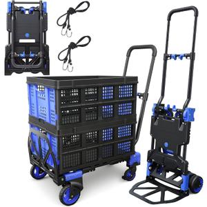 2-in-1 Folding Hand Truck with 2 Folding Basket,330lbs Capacity Heavy Duty Hand Truck,with Telescoping Handle and Rubber Wheels,Portable Dolly Cart with Bungee Cords for Moving, Travel,Shopping