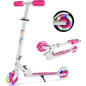 BELEEV V1 Scooters for Kids, 2 Wheel Folding Kick Scooter for Girls Boys, 3 Adjustable Height, Light Up Wheels, Lightweight Scooter with Sturdy Frame, Kickstand for Children 3 to 12 Years Old (Pink)